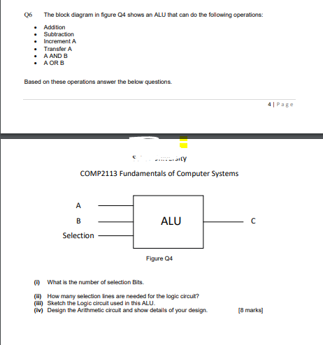 Solved ( 6 The block diagram in figure 04 shows an ALU that | Chegg.com