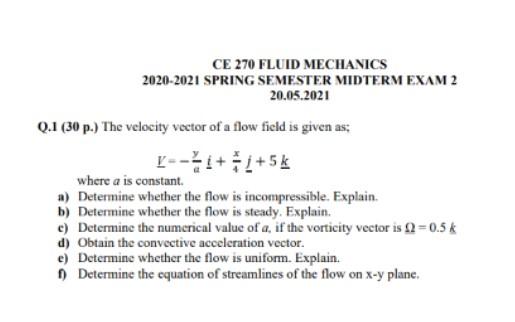 Solved CE 270 FLUID MECHANICS 2020-2021 SPRING SEMESTER | Chegg.com