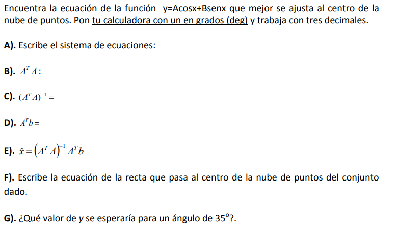 Encuentra la ecuación de la función \( y=A \cos x+B \operatorname{sen} x \) que mejor se ajusta al centro de la nube de punto