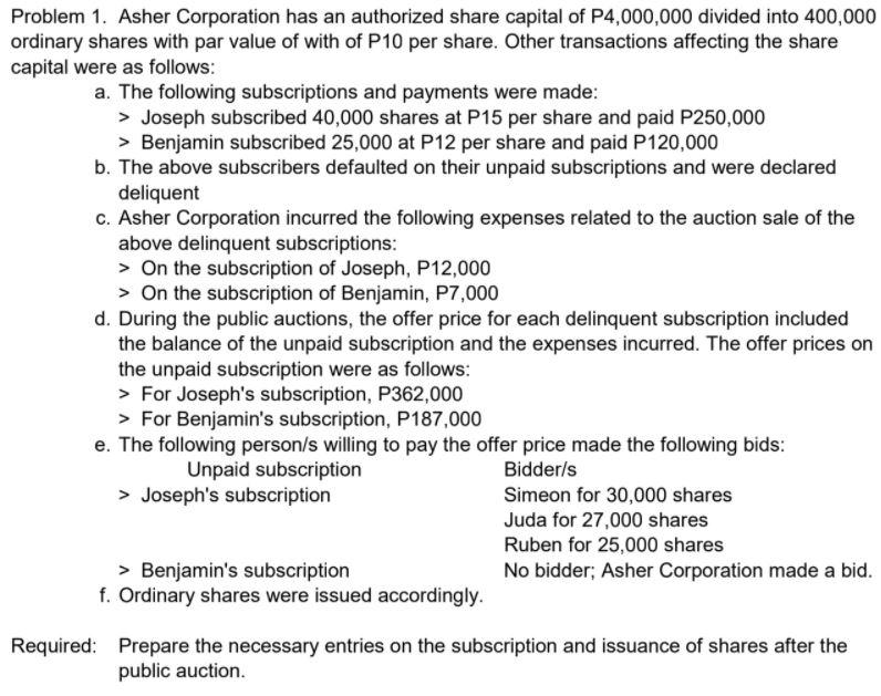 Solved Problem 1. Asher Corporation has an authorized share