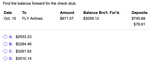 Solved Find the balance forward for the check stub. Date | Chegg.com