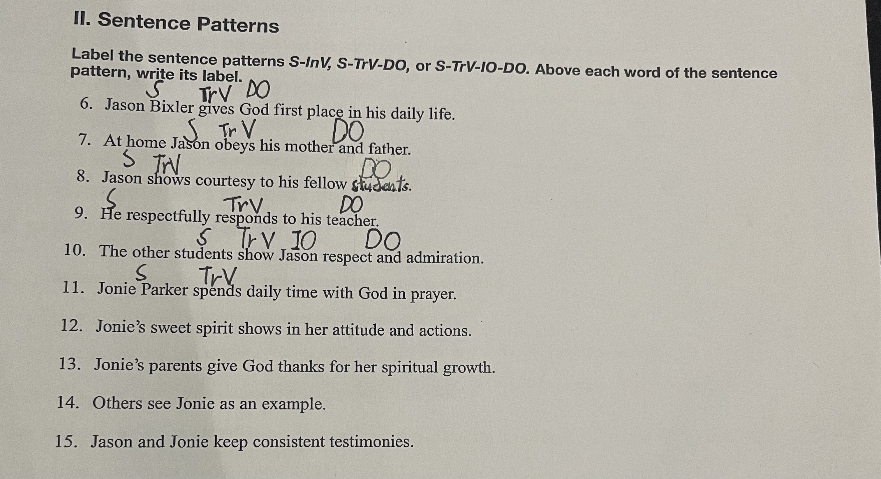 Label the sentence patterns SInV, STrVDO, or