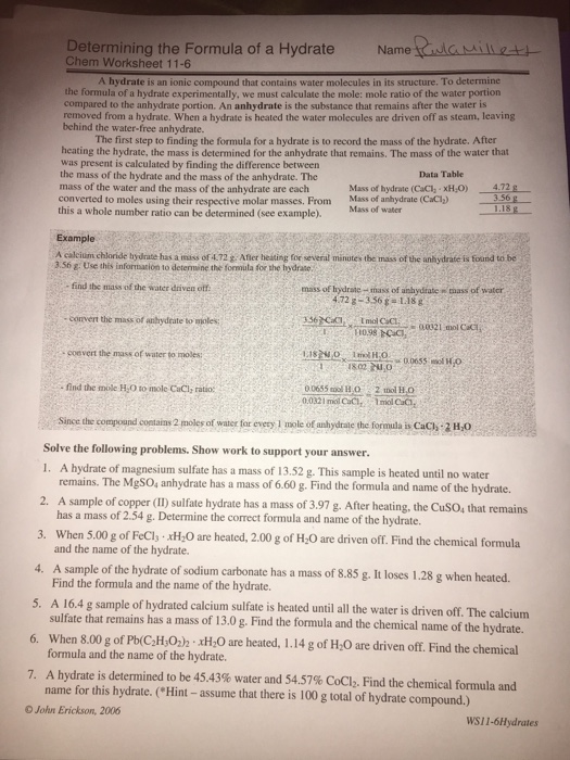 Solved Determining The Formula Of A Hydrate Name Auta | Chegg.com