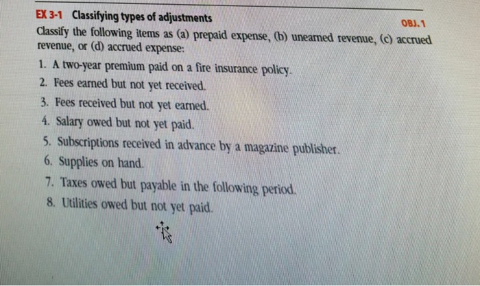 Solved OBJ. 1 EX 3-1 Classifying Types Of Adjustments | Chegg.com