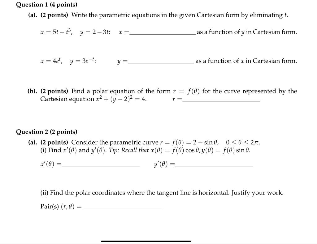 Solved (a). (2 points) Write the parametric equations in the | Chegg.com