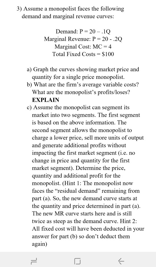 Solved Assignment # 9 Monopoly 1) Assume the following data | Chegg.com