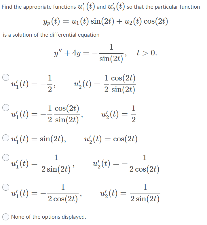 Solved Find the appropriate functions uị (t) and u', (t) so | Chegg.com