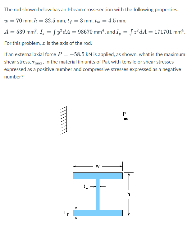 The rod shown below has an I-beam cross-section with the following properties: \( w=70 \mathrm{~mm}, h=32.5 \mathrm{~mm}, t_{