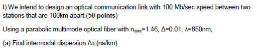 Solved I) We intend to design an optical communication link | Chegg.com