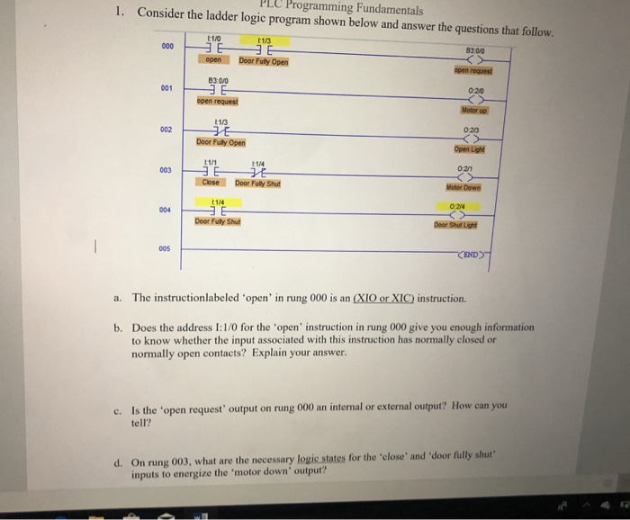 PLC Programming Fundamentals Consider the ladder | Chegg.com