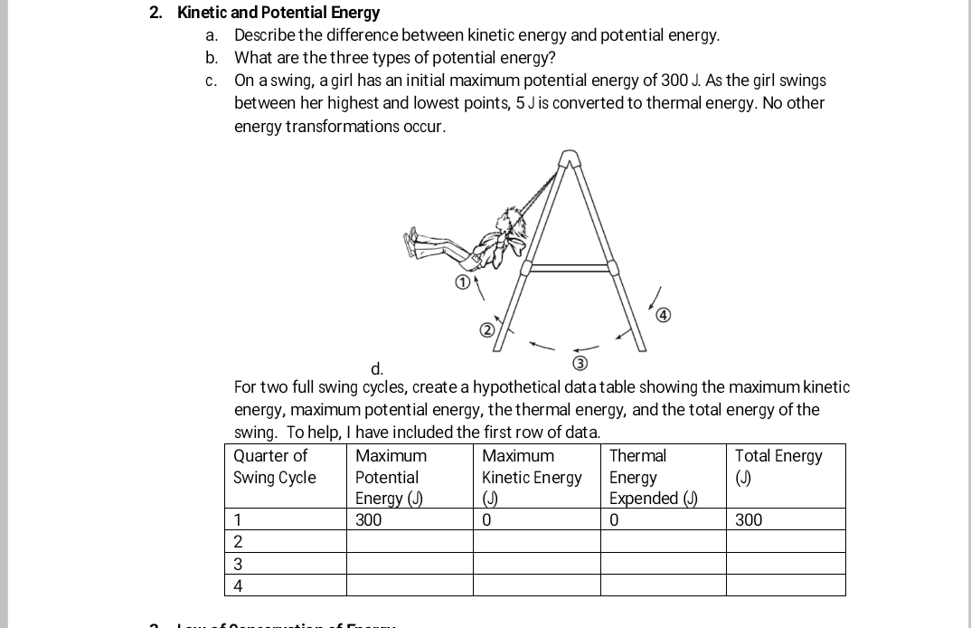 Solved 2 Kinetic And Potential Energy A Describe The Di Chegg Com