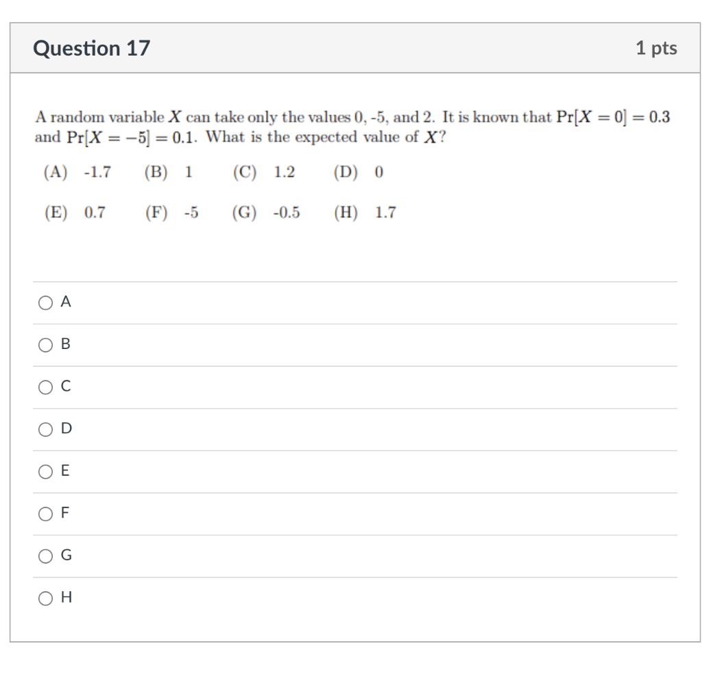 Solved Question 17 1 pts A random variable X can take only | Chegg.com