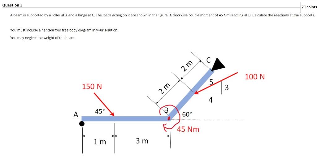 Solved Question 3 20 points A beam is supported by a roller | Chegg.com