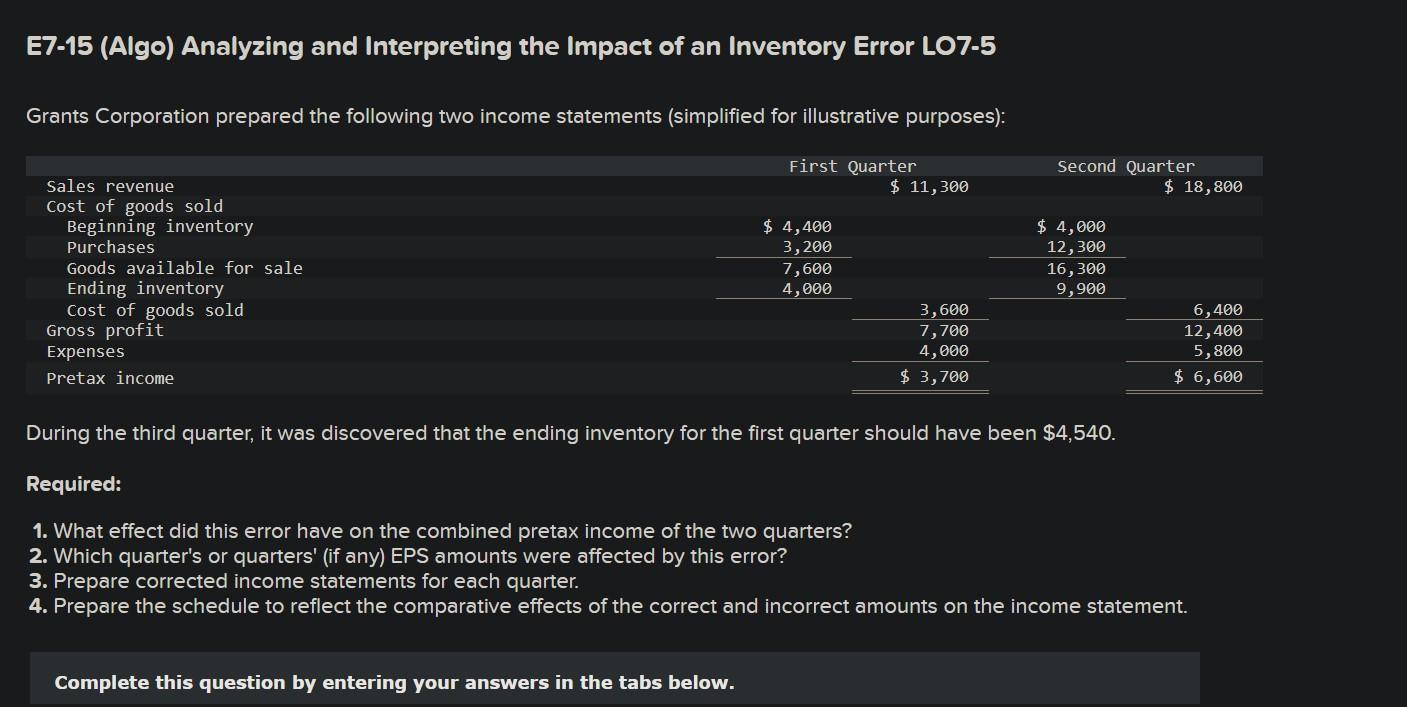 E7-15 (Algo) Analyzing and Interpreting the Impact of an Inventory Error LO7-5
Grants Corporation prepared the following two 