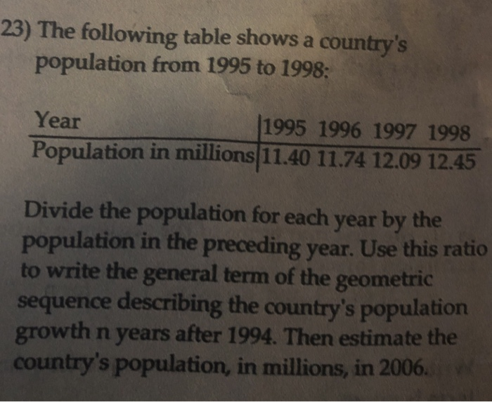 Solved 23) The following table shows a country's population | Chegg.com