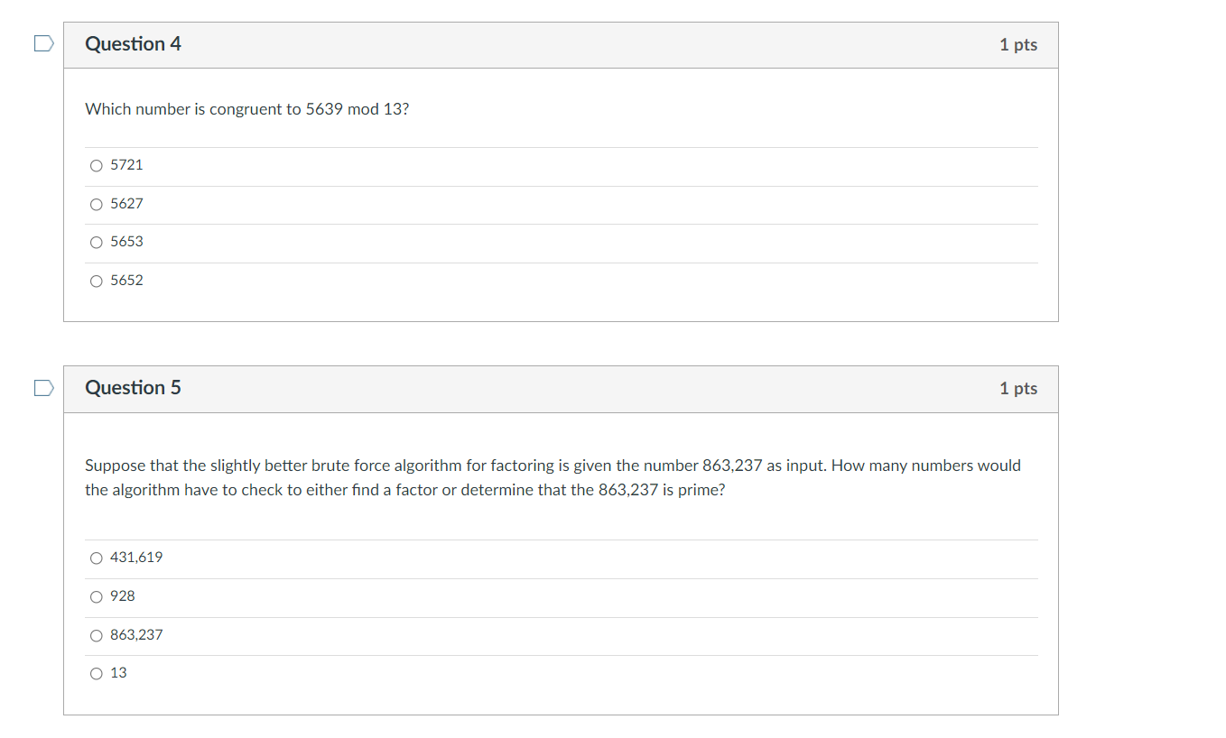 Solved Question 4 1 pts Which number is congruent to 5639 | Chegg.com