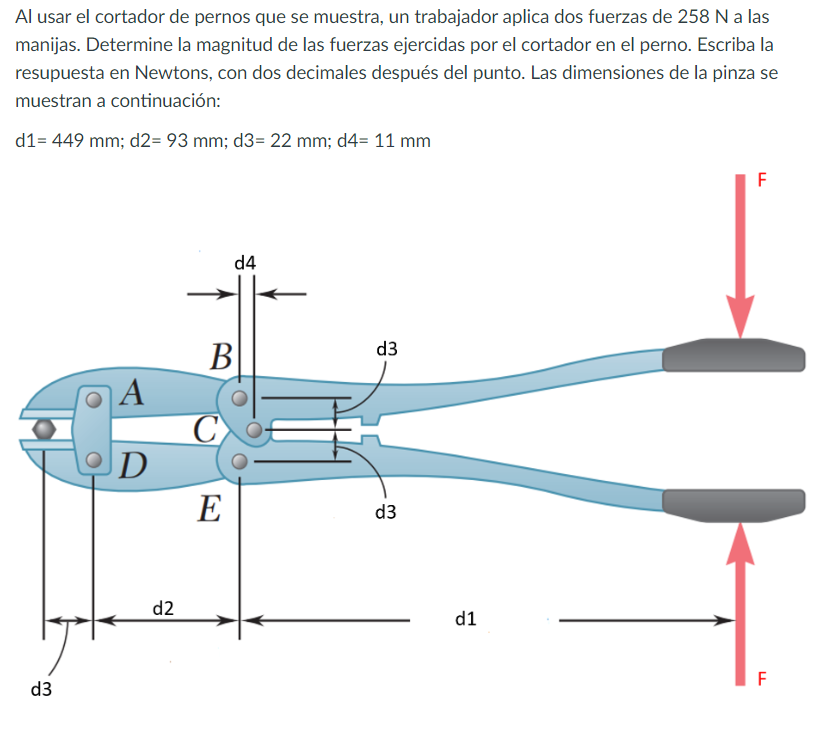 Al usar el cortador de pernos que se muestra, un trabajador aplica dos fuerzas de \( 258 \mathrm{~N} \) a las manijas. Determ