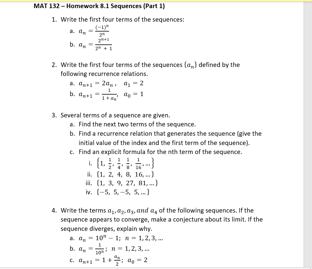 Solved Mat 132 Homework 8 1 Sequences Part 1 1 Write Chegg Com