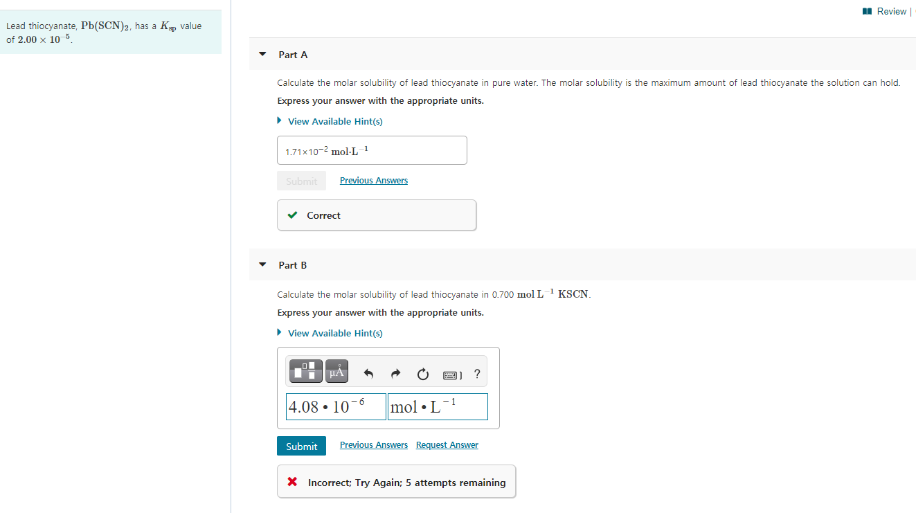 Solved Review Lead thiocyanate, Pb(SCN)2, has a Ksp value of | Chegg.com