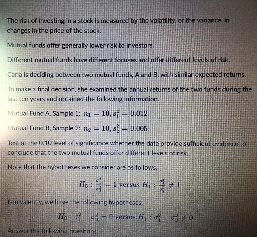 Solved The risk of investing in a stock is measured by the | Chegg.com