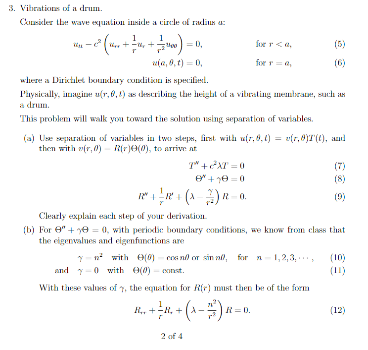 Solved 3. Vibrations of a drum. Consider the wave equation | Chegg.com