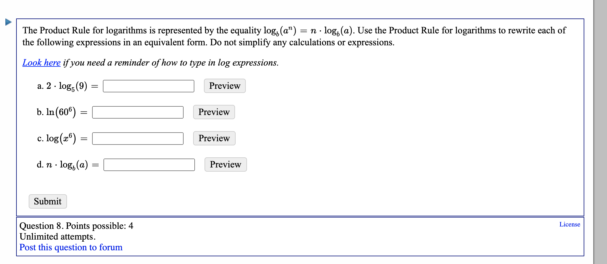 Solved The Product Rule For Logarithms Is Represented By The | Chegg.com