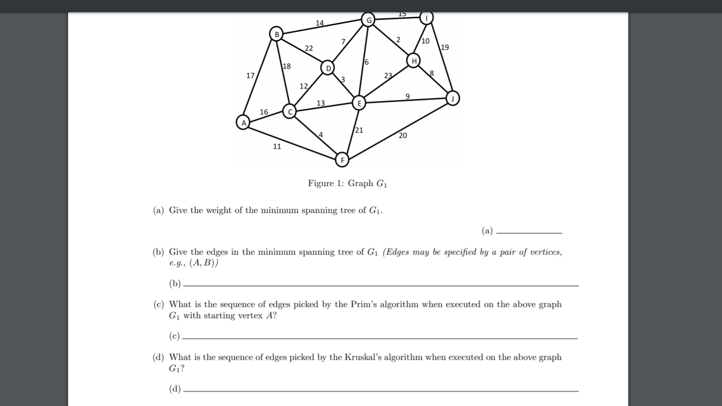 Solved Consider the weighted graph G1 below and answer the | Chegg.com