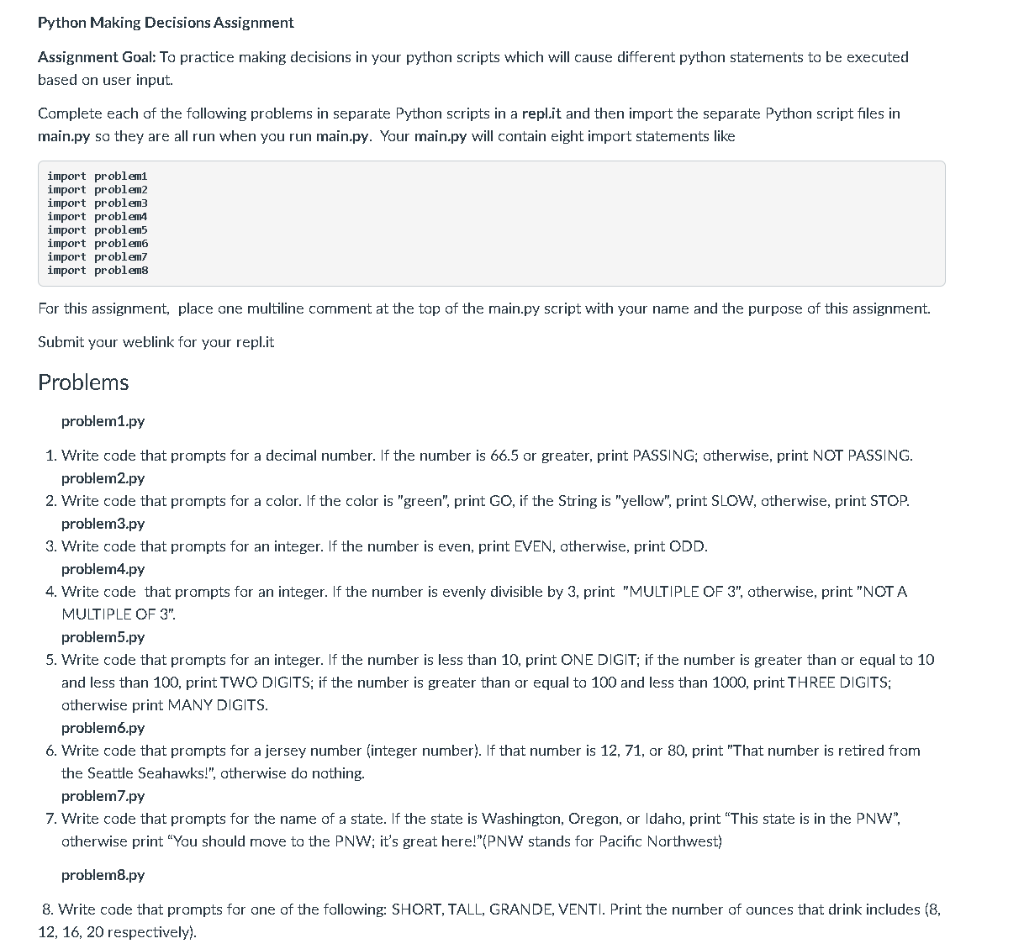 Solved Python Making Decisions Assignment Assignment Goal: | Chegg.com