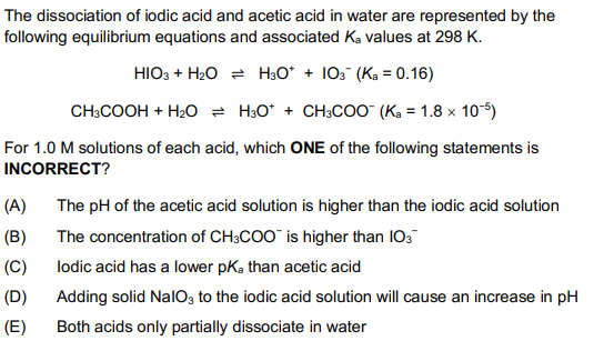 Solved The dissociation of iodic acid and acetic acid in | Chegg.com