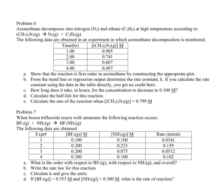 Solved Problem 6 Azomethane decomposes into nitrogen (N2) | Chegg.com