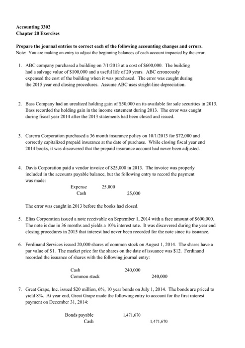 Solved Accounting 3302 Chapter 20 Exercises Prepare the | Chegg.com