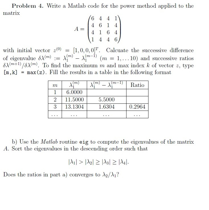 Solved Problem 4. Write a Matlab code for the power method | Chegg.com