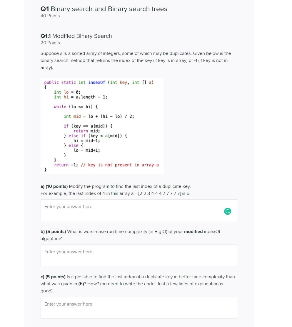 Solved Q1 Binary Search And Binary Search Trees 40 Points Chegg