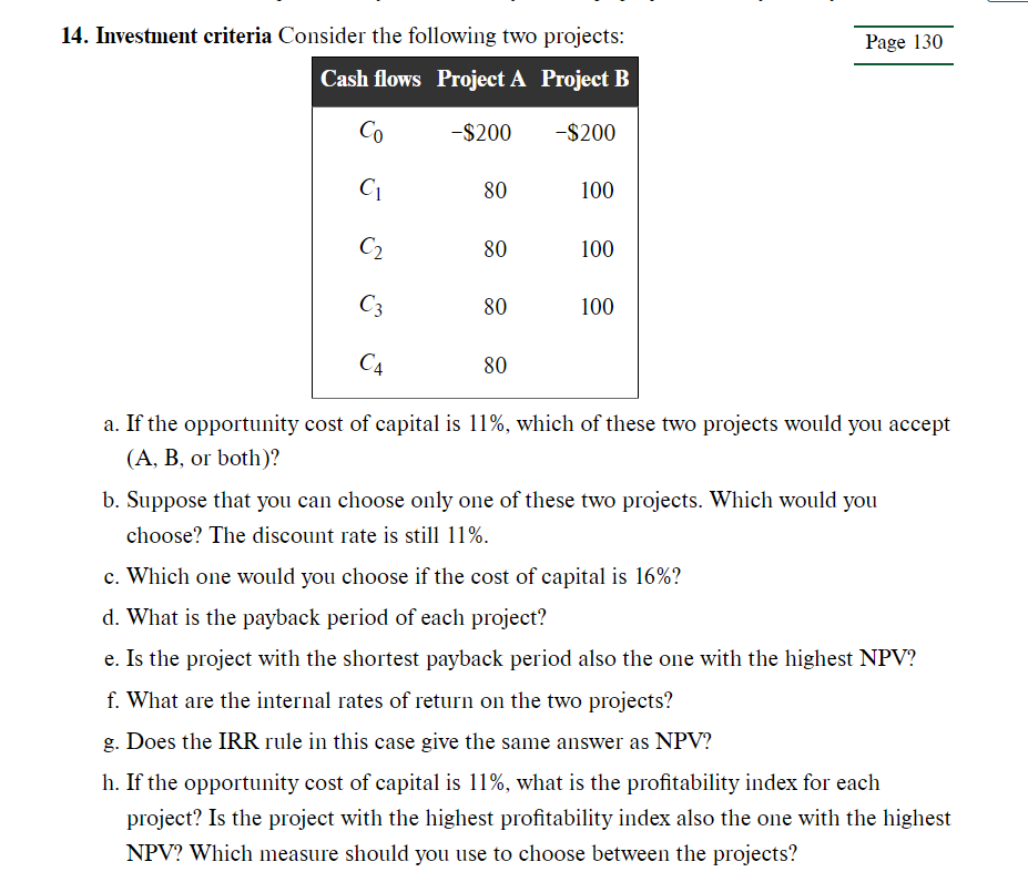 Solved Page 130 14. Investment Criteria Consider The | Chegg.com