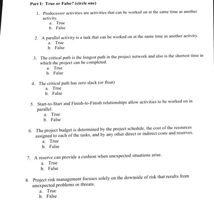 Solved Part I: True or False? (circle one) 1. Predecessor | Chegg.com