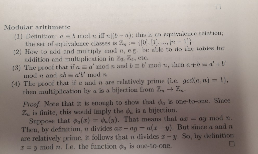 Solved Modular Arithmetic (1) Definition: A = B Mod N Iff N | Chegg.com