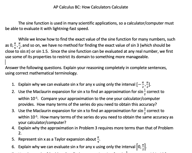 Solved AP Calculus BC How Calculators Calculate The sine