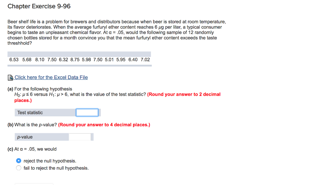 Solved Chapter Exercise 9-96 Beer shelf life is a problem | Chegg.com