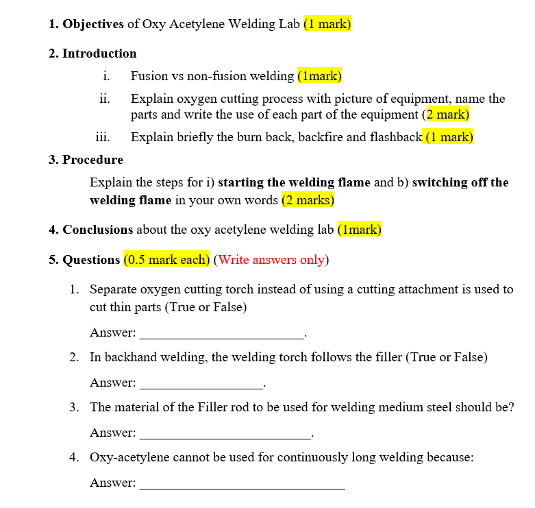 Solved 1. Objectives of Oxy Acetylene Welding Lab (1 mark)
