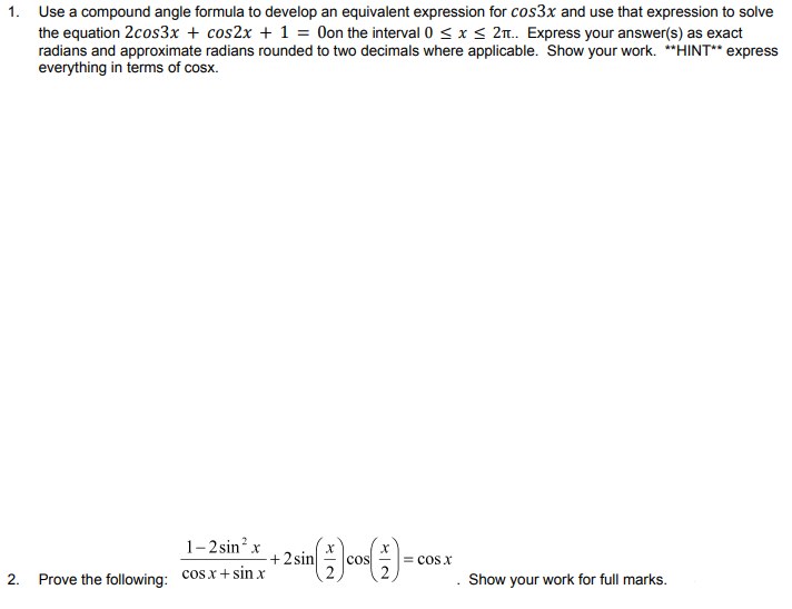 Solved 1. Use A Compound Angle Formula To Develop An | Chegg.com