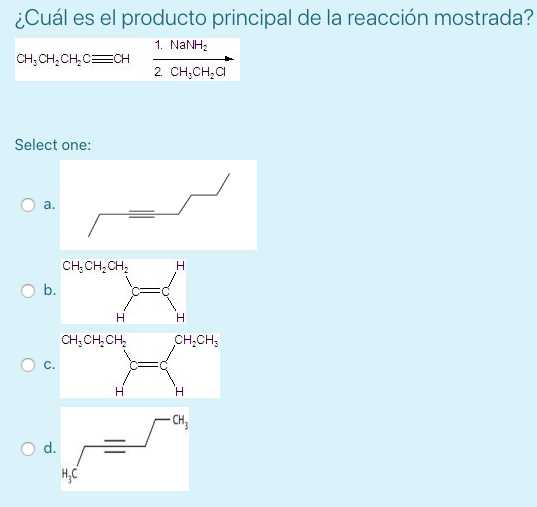 ¿Cuál es el producto principal de la reacción mostrada? Select one: a. b. c. d.