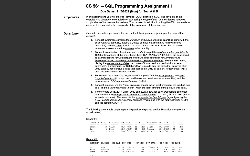 Objectives CS 561 - SQL Programming Assignment 1 Due | Chegg.com