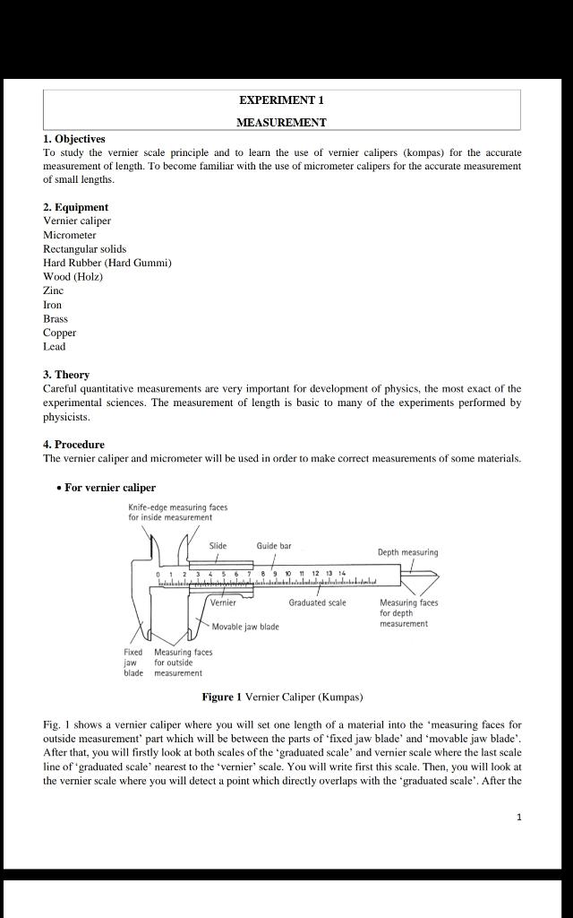 Use of deals vernier callipers experiment