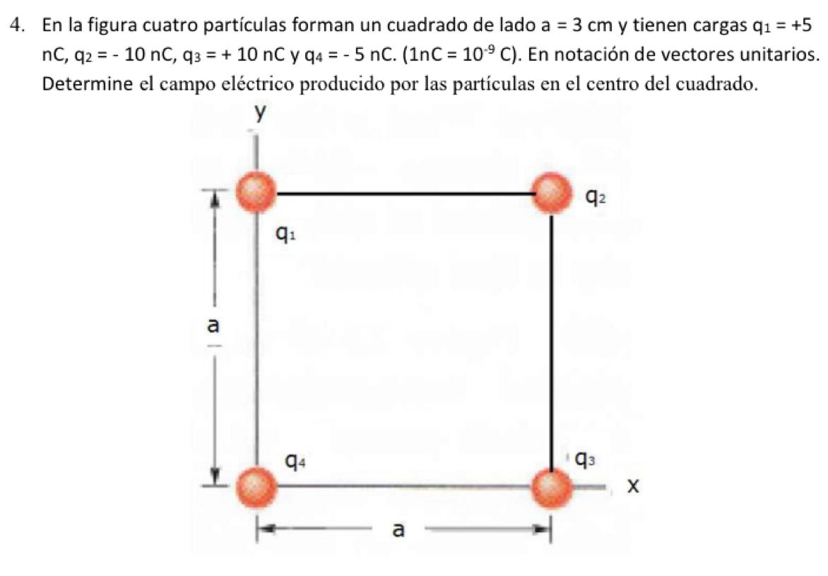 4. En la figura cuatro partículas forman un cuadrado de lado \( \mathrm{a}=3 \mathrm{~cm} \) y tienen cargas \( \mathrm{q}_{1