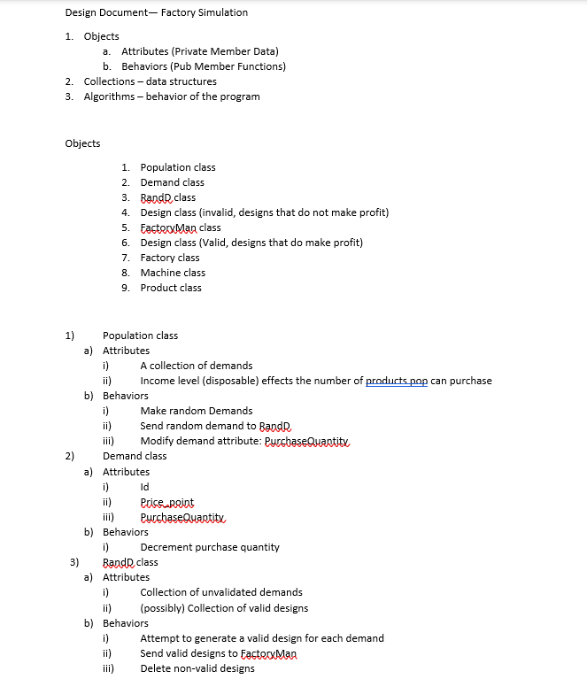 Solved Design Document- Factory Simulation 1. Objects a. | Chegg.com