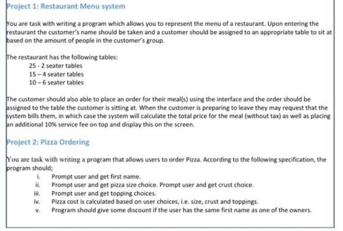 Solved Project 1: Restaurant Menu system You are task with | Chegg.com