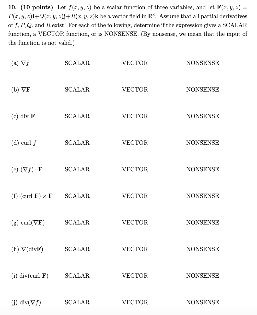 Solved 10 10 Points Let F X Y Z Be A Scalar Functi Chegg Com