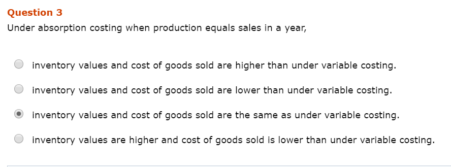 Solved Question 3 Under absorption costing when production | Chegg.com