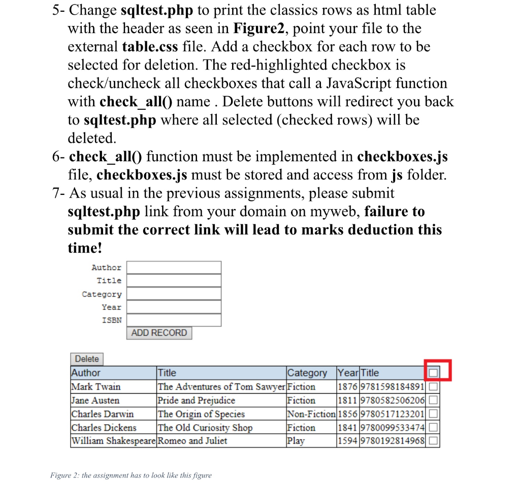 5- Change sqltest.php to print the classics rows as html table with the header as seen in Figure2, point your file to the ext