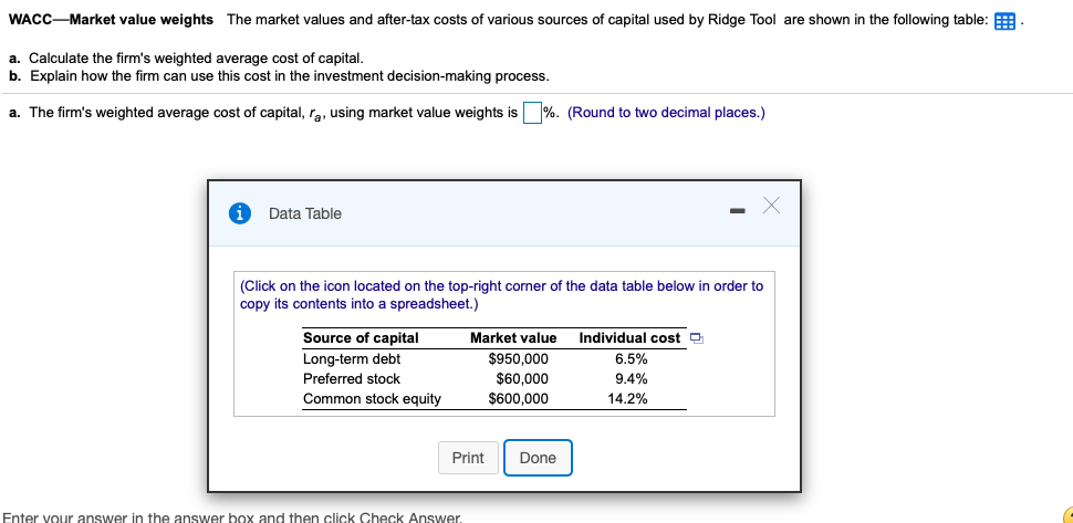 Solved The market values and after-tax costs of various | Chegg.com